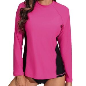Halcurt Rash Guard Women Long Sleeve Swim Top L UPF 50+ Built-In Bra Pink